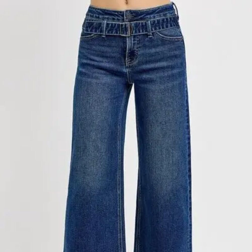 RISEN Raw Hem Wide Leg Attached Buckle Jeans